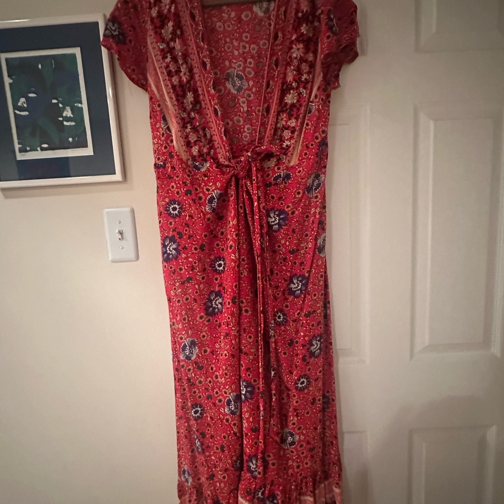 Red Floral V-Neck Short Sleeve Maxi Dress